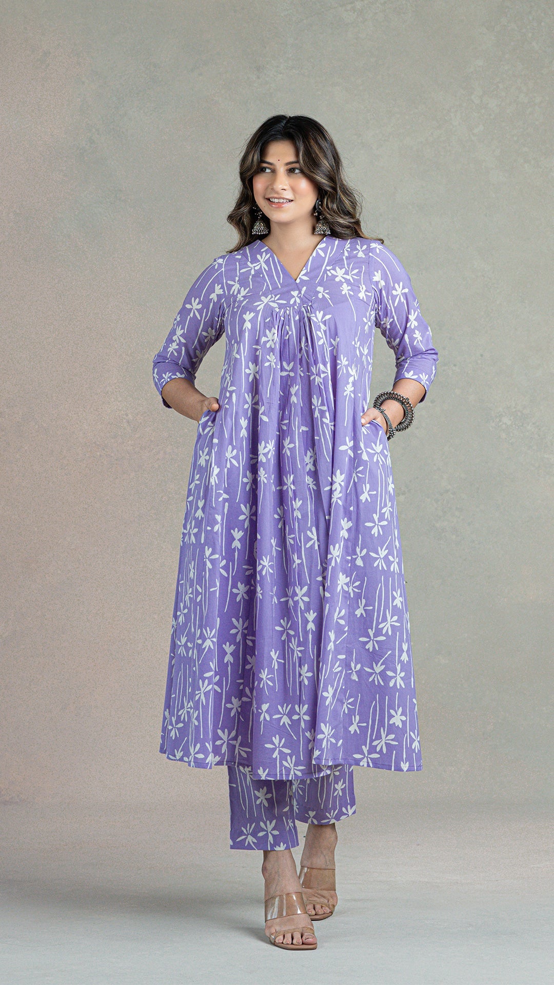 Lavender Lillies Hand Block Cotton Kurta