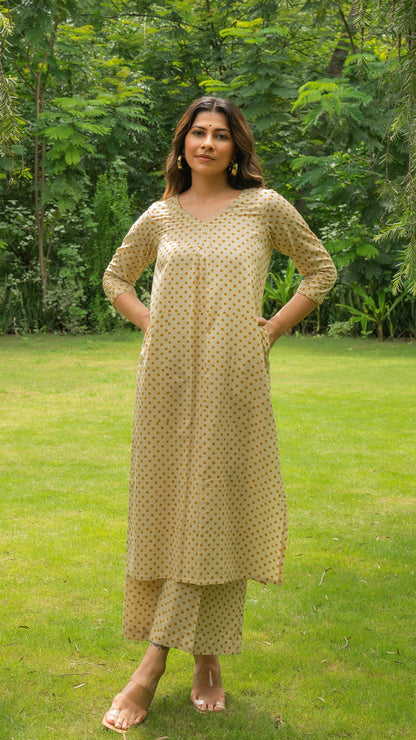 Mustard Polka Dots Hand Block Cotton Kurta