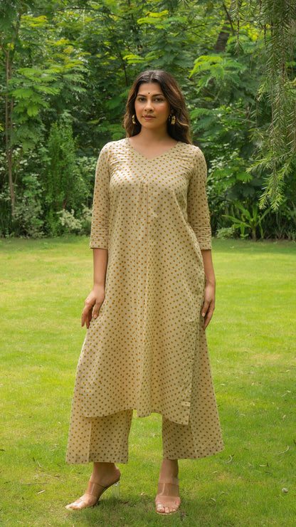 Mustard Polka Dots Hand Block Cotton Kurta