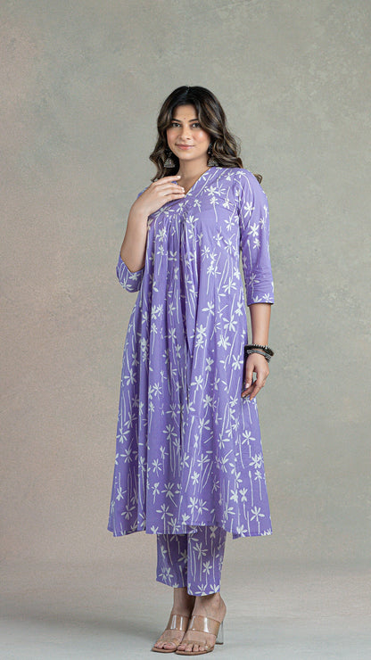 Lavender Lillies Hand Block Cotton Kurta