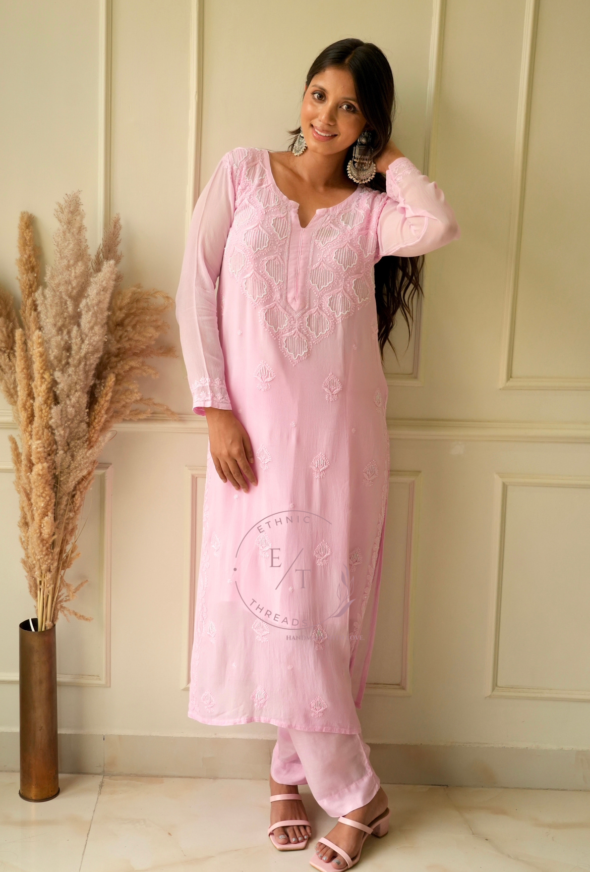 Elizeh chikankari and Pearl kurti in Pink