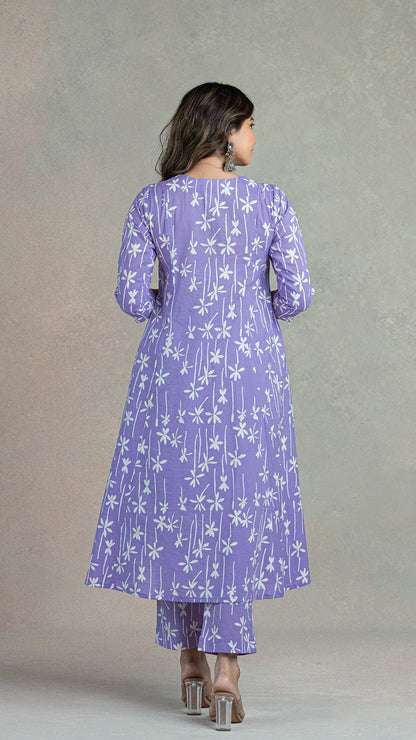 Lavender Lillies Hand Block Cotton Kurta