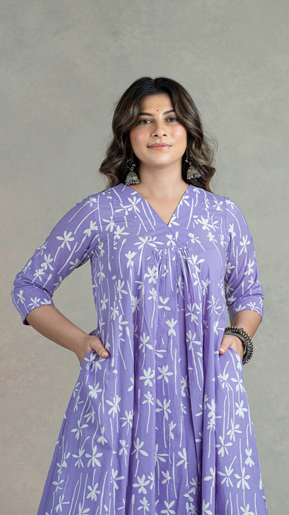 Lavender Lillies Hand Block Cotton Kurta