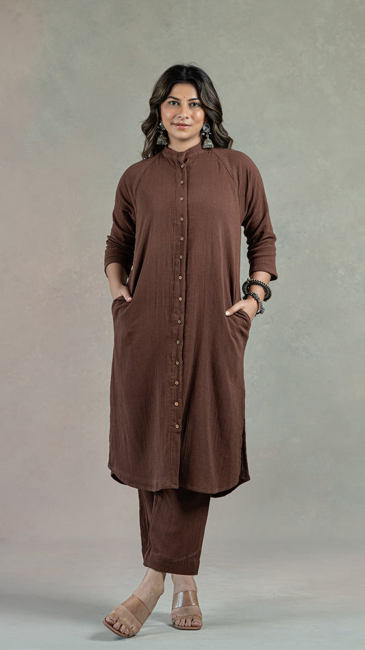 Everyday Organic Crinkled Cotton Kurta- Brown