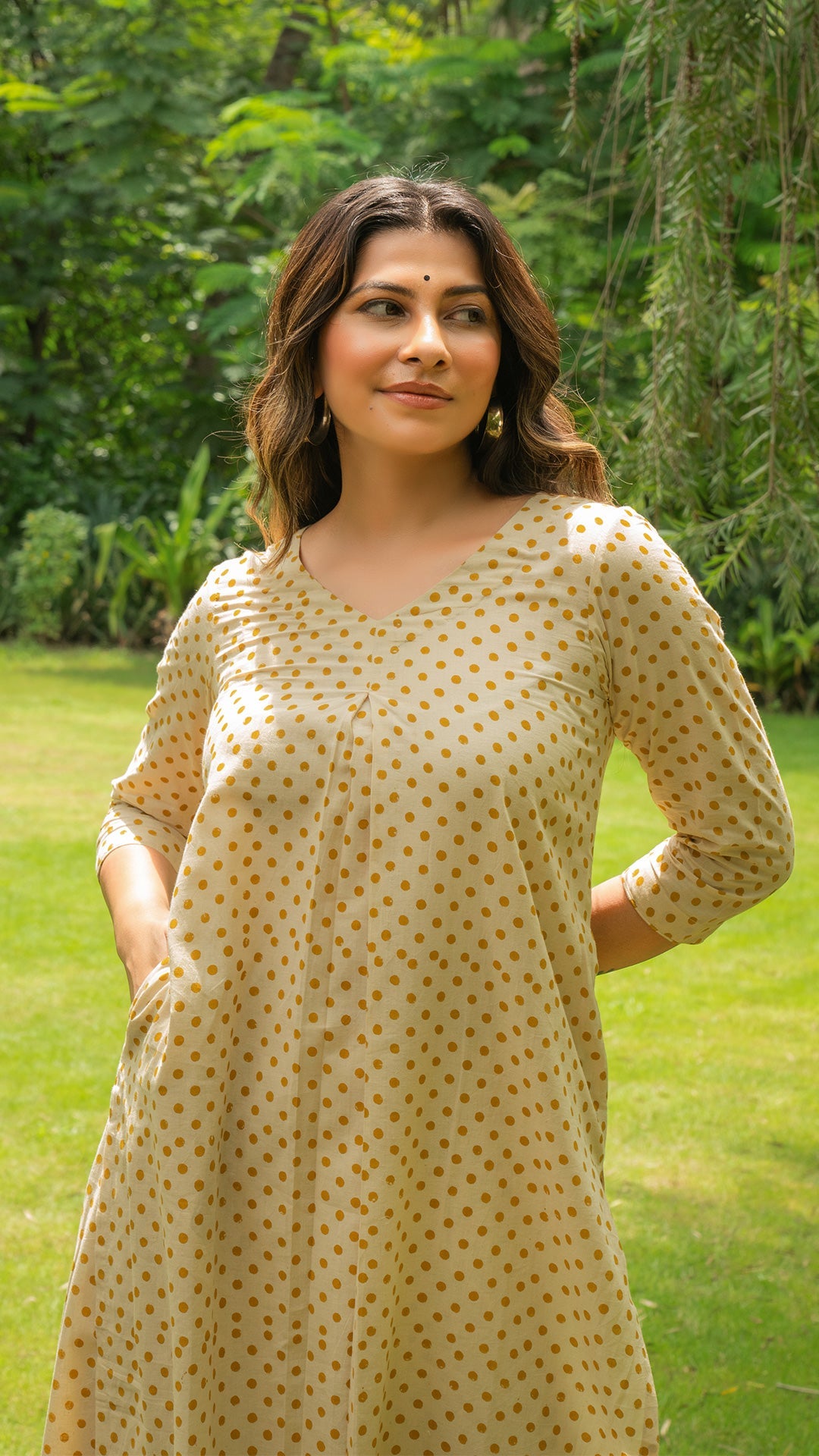 Mustard Polka Dots Hand Block Cotton Kurta