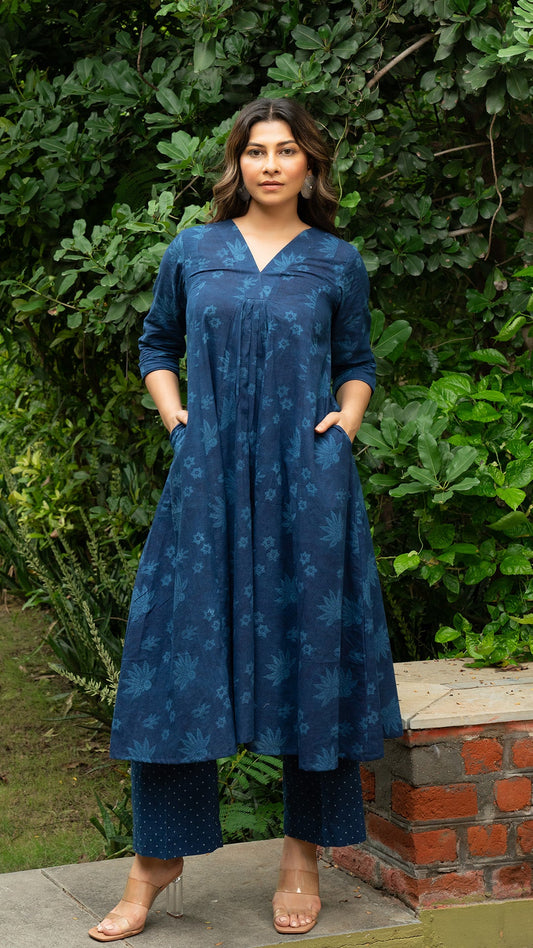 Rachael Hand Block Cotton Kurta - Indigo