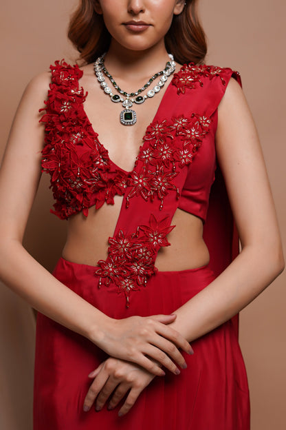 RED PRE-STITCHED DRAPED SAREE