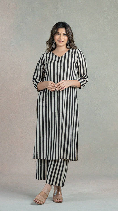 Black Stripes Hand Block Cotton Kurta