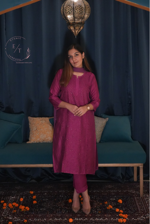 Shama chikankari and mukaish chanderi kurti in wine