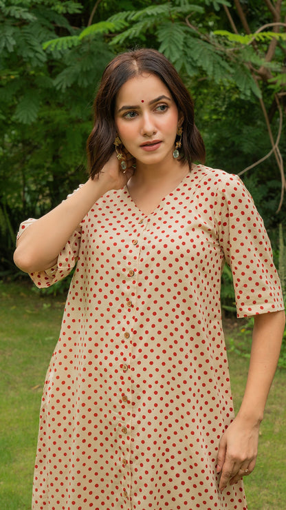 Red Polka Dots Hand Block Cotton Kurta