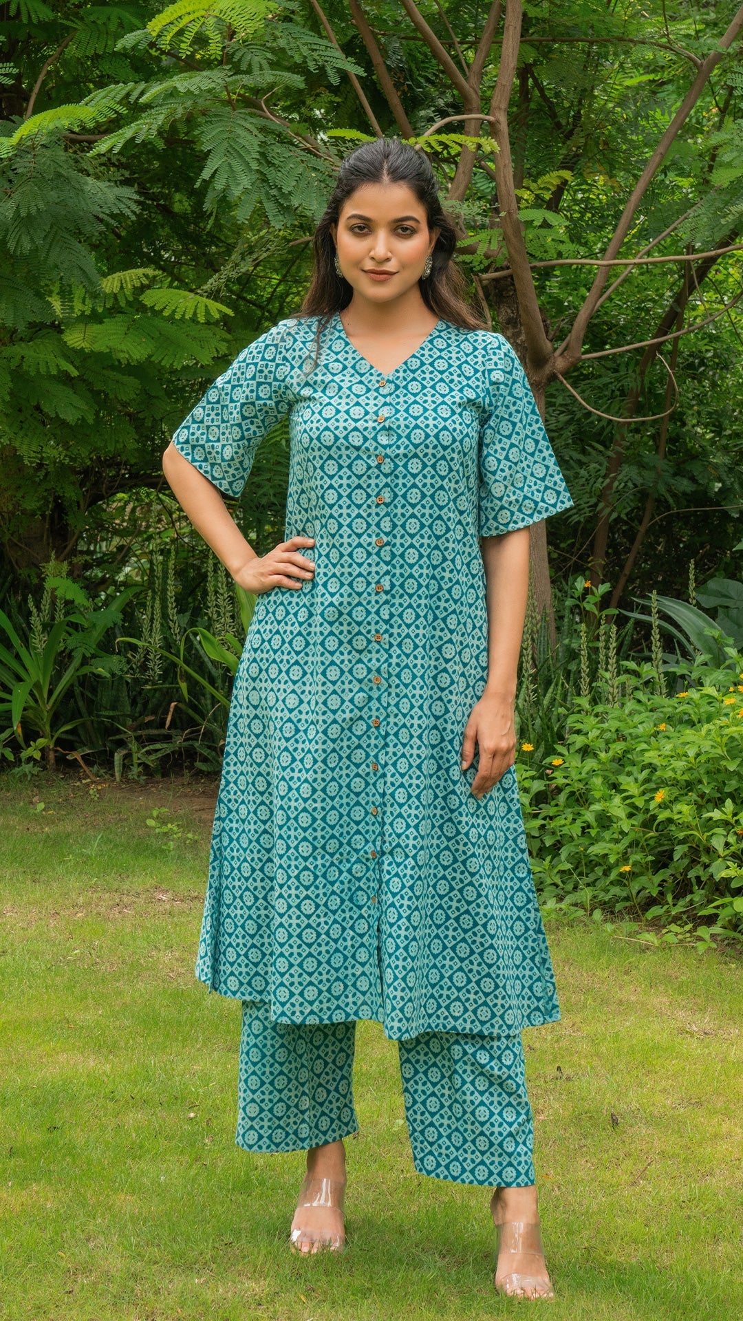 Aasma Dabu Hand Block Cotton Kurta - Turquoise