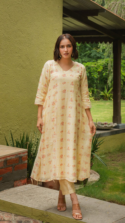 Brinda Mul Chanderi Kurta - Light Lemon