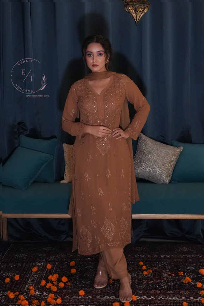 Gulnaaz Chikankari and mukaish 3 pc set in brown