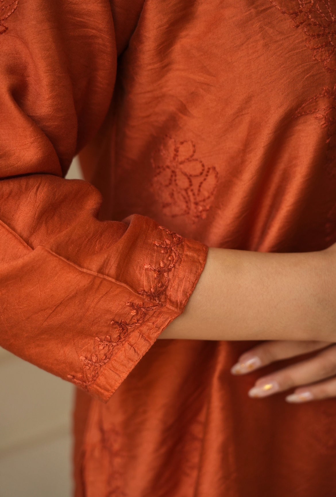 Meher Chikankari co-ord set in Rust