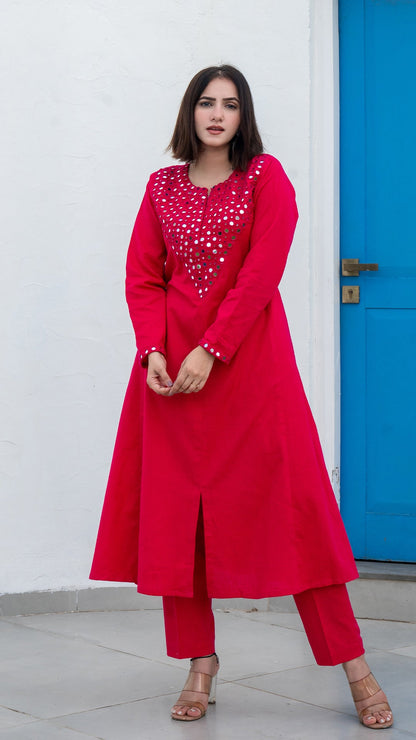 Rani Pink Mirror Embroidered Kurta In Cotton