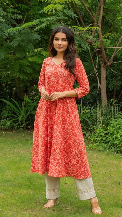 Reema Dabu Hand Block Cotton Kurta In Orange