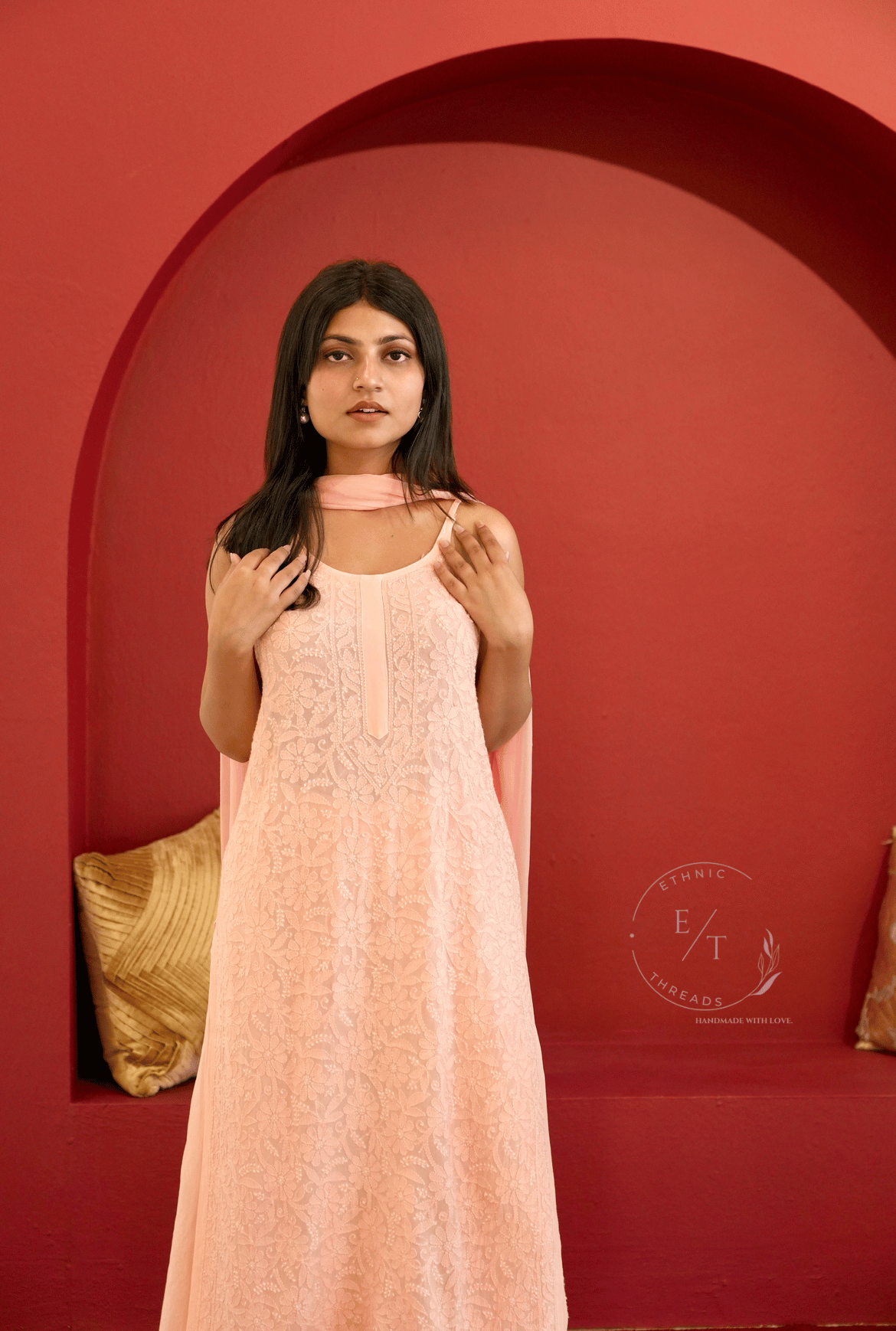 Riva Chikankari noodle strap long kurti in Peach