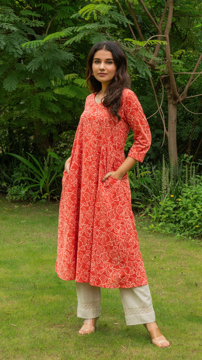 Reema Dabu Hand Block Cotton Kurta In Orange