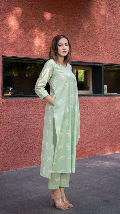 Jenika Discharge Hand Block Cotton Kurta - Mint Green