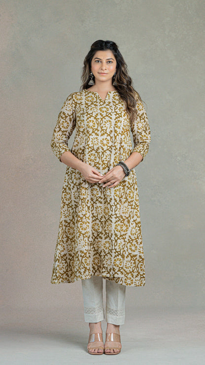 Batik Floral Jaal Kali Cotton Kurta - Sand