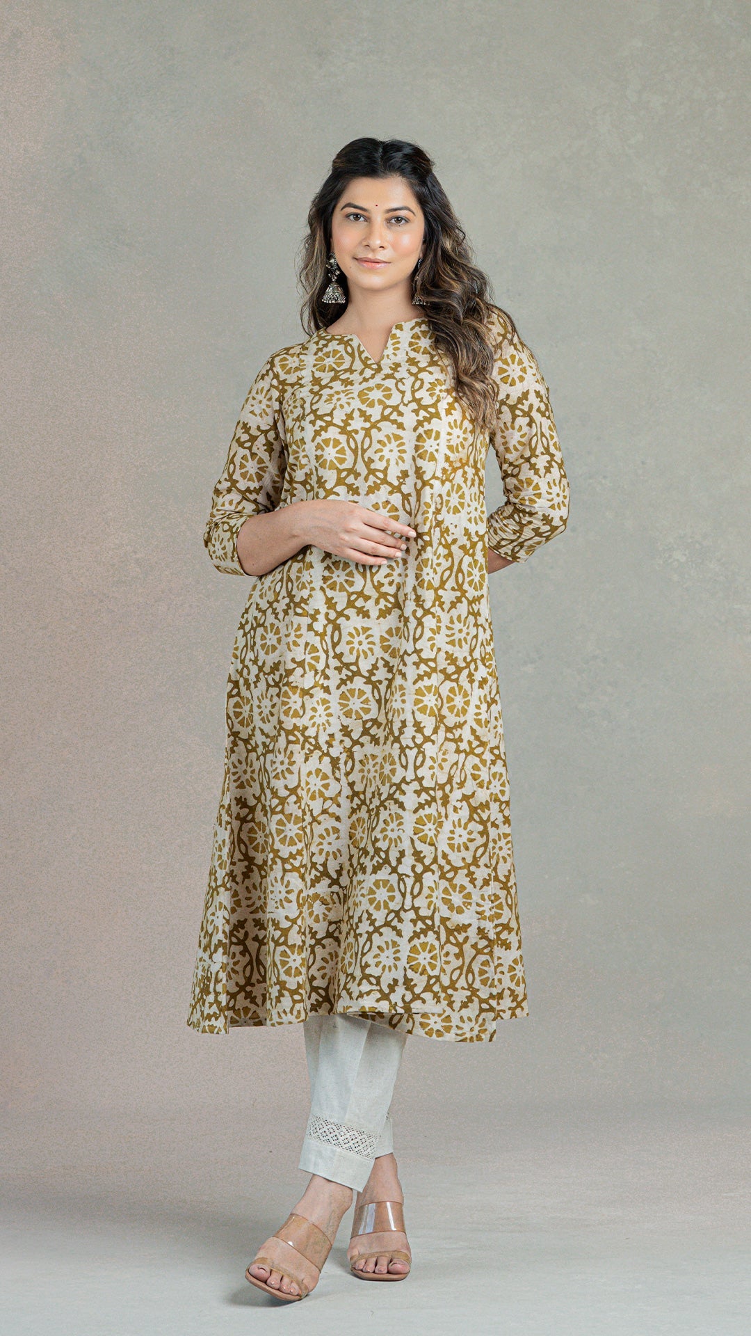 Batik Floral Jaal Kali Cotton Kurta - Sand