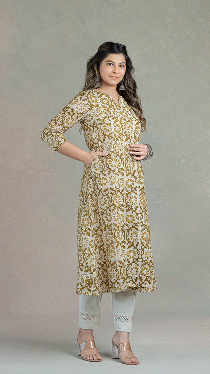 Batik Floral Jaal Kali Cotton Kurta - Sand