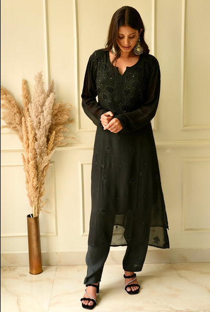 Elizeh chikankari and Cutdana kurti in Black