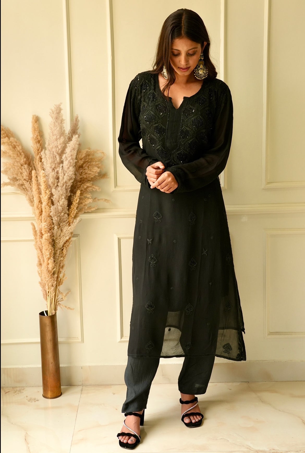 Elizeh chikankari and Cutdana 3 pc set in Black