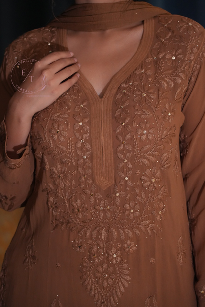 Gulnaaz Chikankari and mukaish 3 pc set in brown