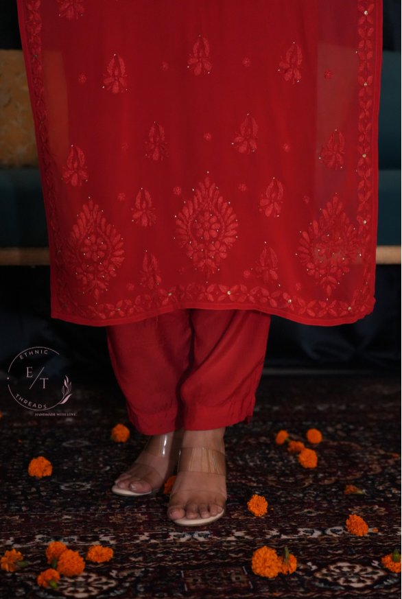 Gulnaaz Chikankari and mukaish 3 pc set in red