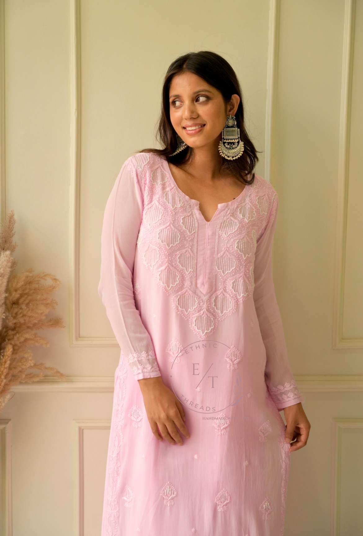 Elizeh chikankari and pearl 3 pc set in Pink