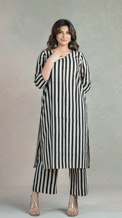 Black Stripes Hand Block Cotton Kurta