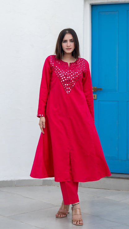 Rani Pink Mirror Embroidered Kurta In Cotton