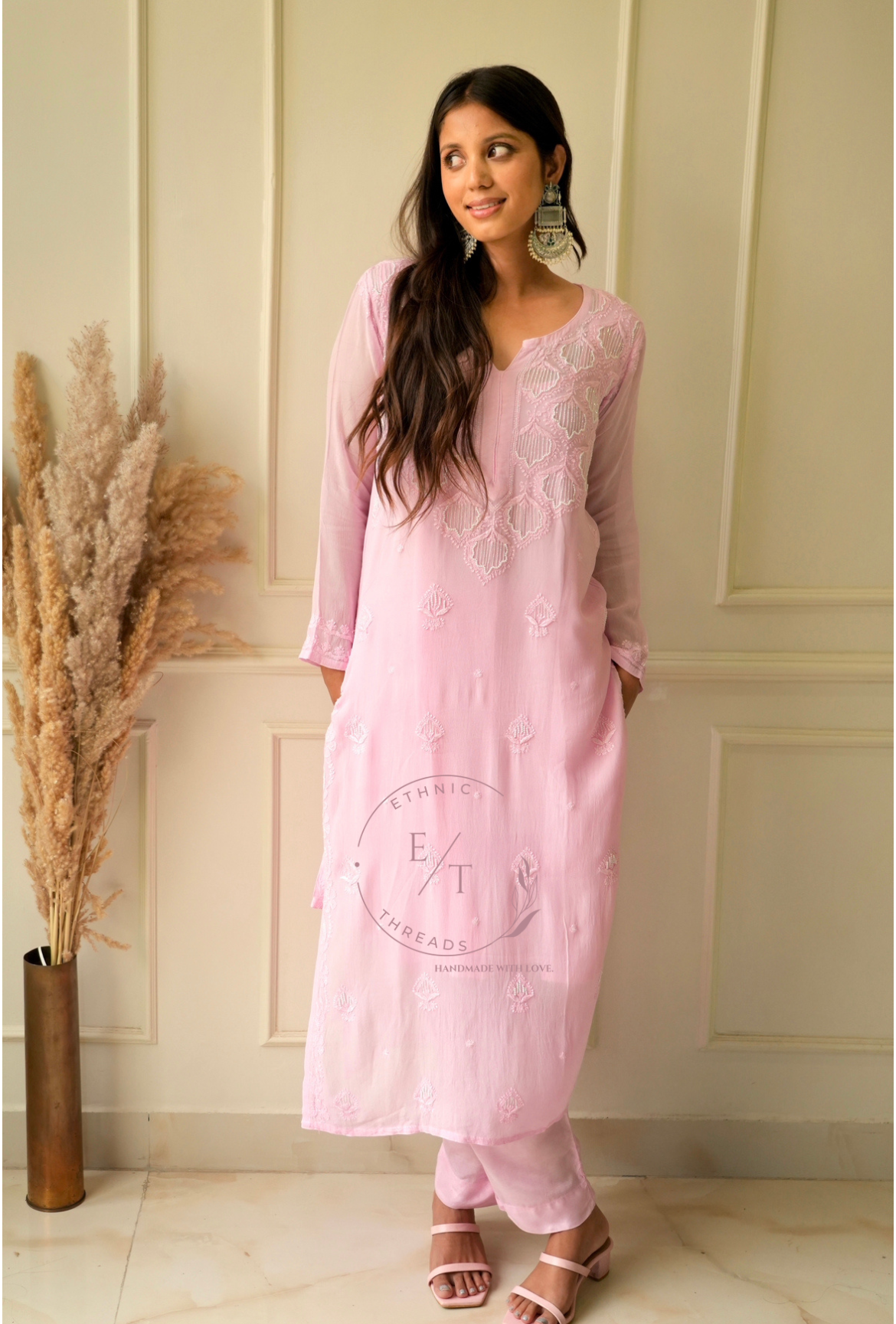 Elizeh chikankari and Pearl kurti in Pink