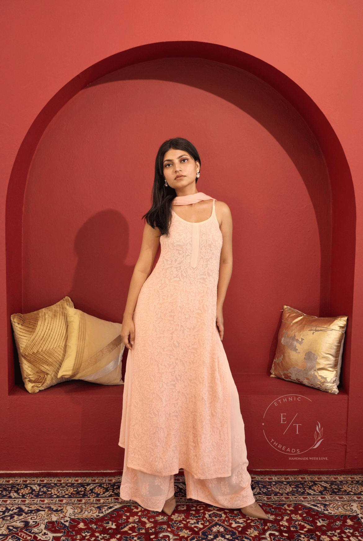 Riva Chikankari noodle strap long kurti in Peach