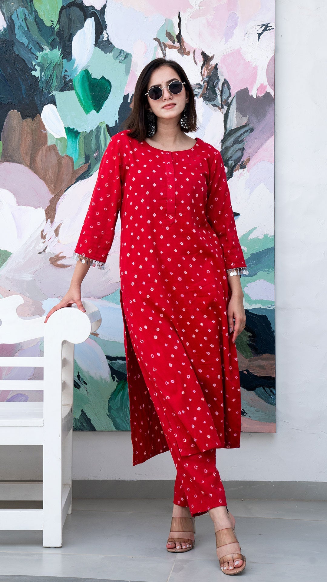 Red Bandhani Cotton Kurta