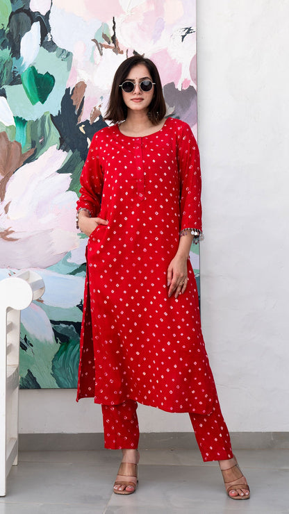 Red Bandhani Cotton Kurta