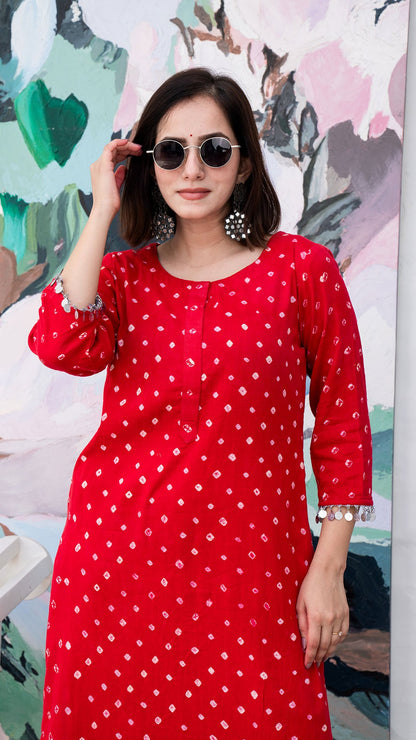 Red Bandhani Cotton Kurta