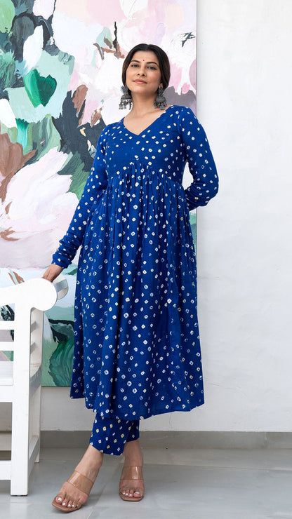 Blue Bandhani Flared Cotton Kurta