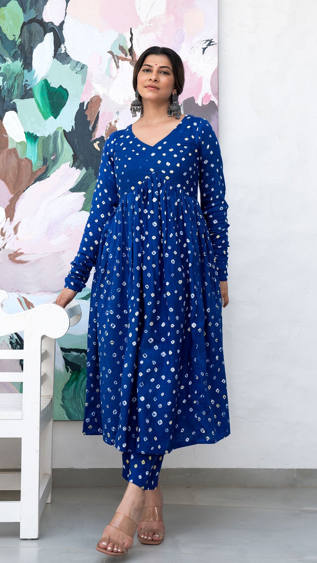 Blue Bandhani Flared Cotton Kurta