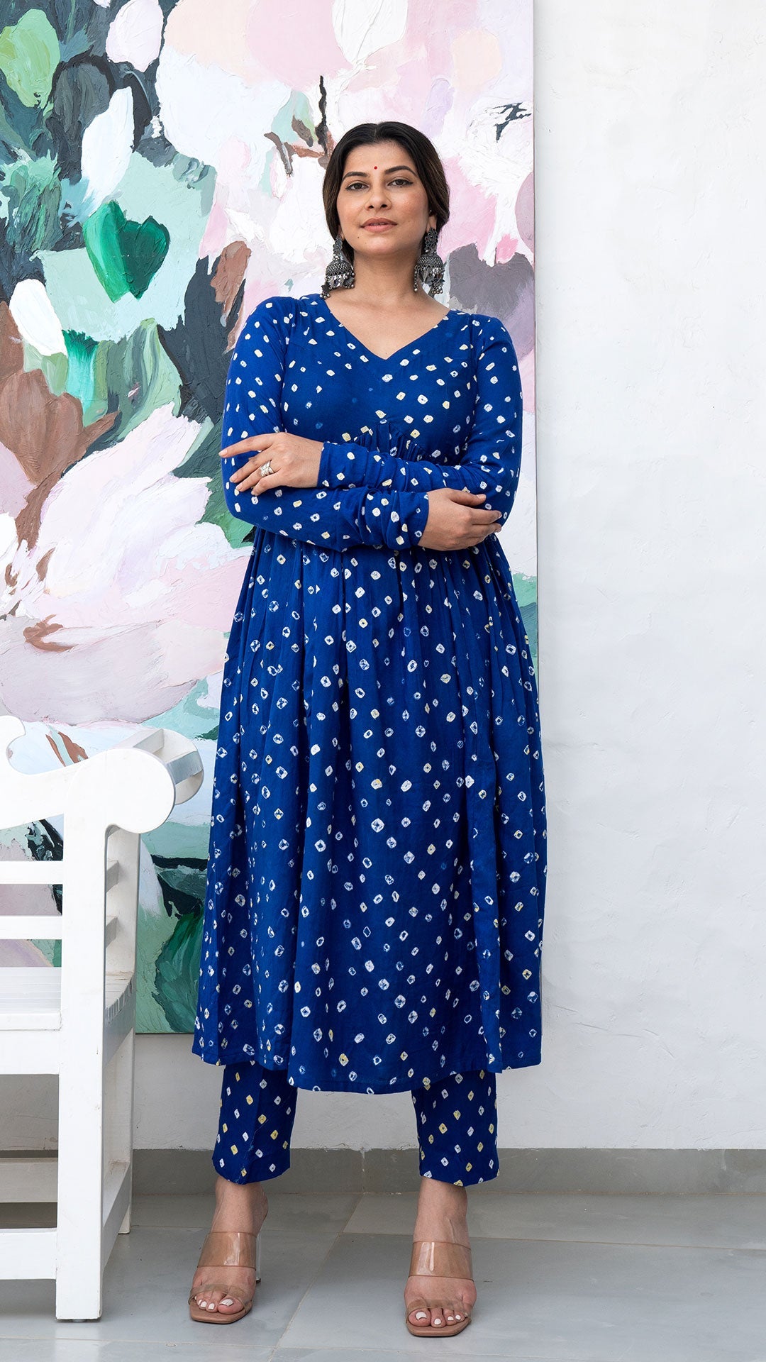 Blue Bandhani Flared Cotton Kurta