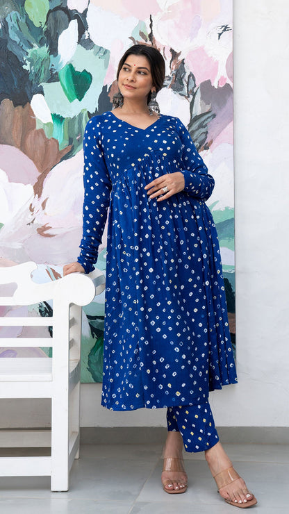 Blue Bandhani Flared Cotton Kurta