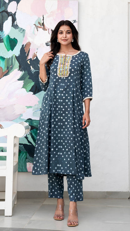 Grey Bandhani Cotton Kurta With Embroidered Patch