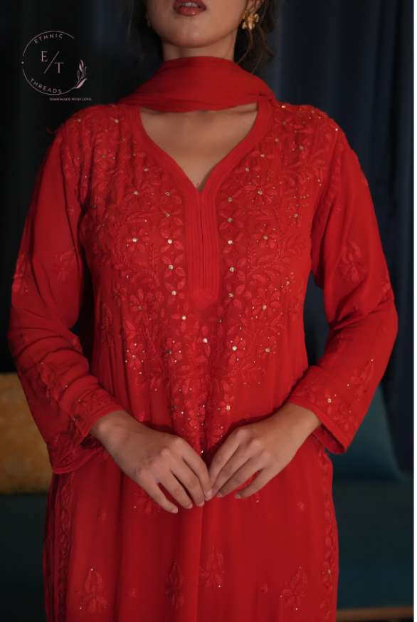 Gulnaaz Chikankari and mukaish 3 pc set in red