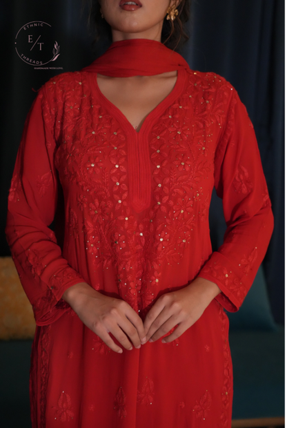 Gulnaaz Chikankari and mukaish 3 pc set in red