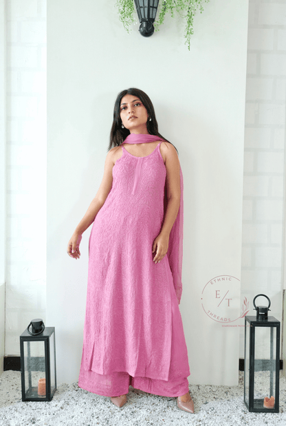 Riva Chikankari noodle strap long kurti in Rose pink