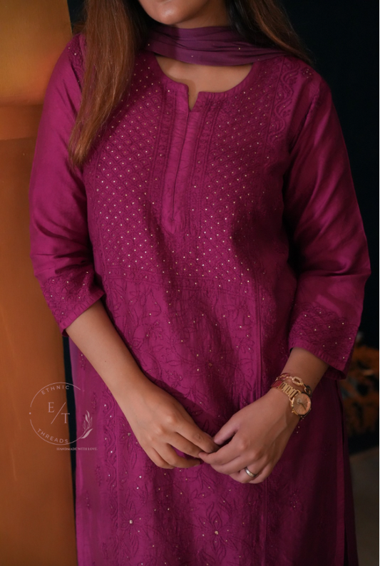 Shama chikankari and mukaish chanderi kurti in wine