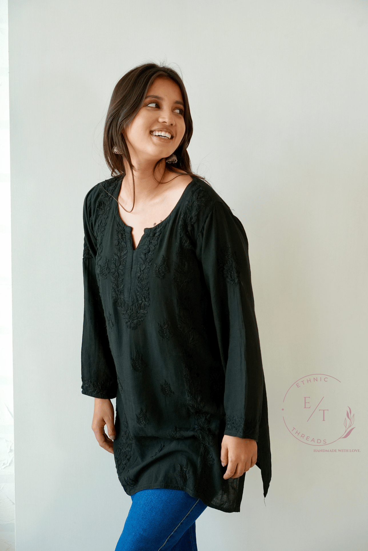 Ira chikankari linen top in Black