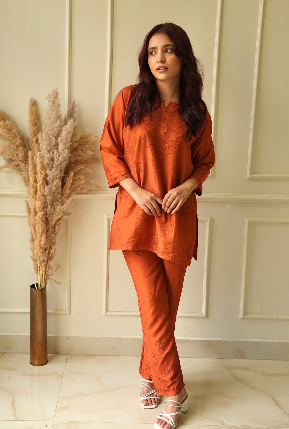 Meher Chikankari co-ord set in Rust