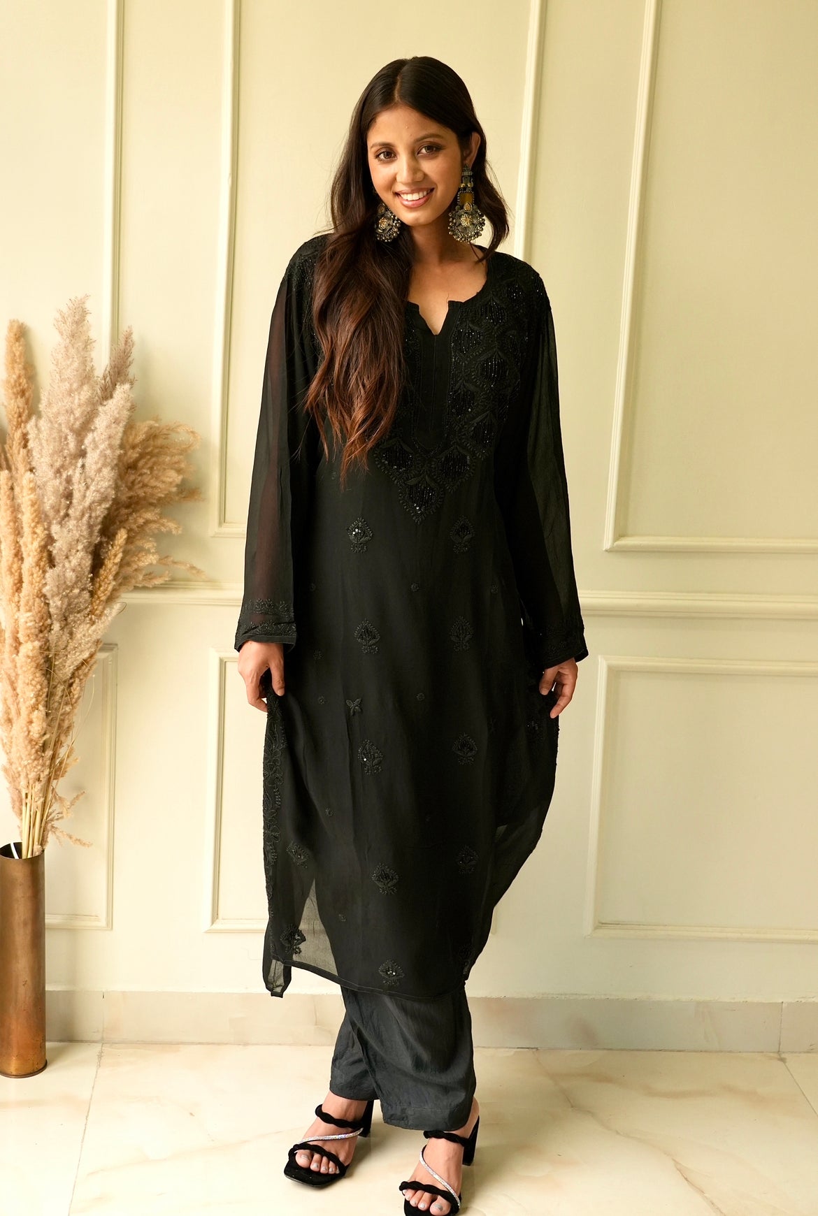 Elizeh chikankari and Cutdana kurti in Black